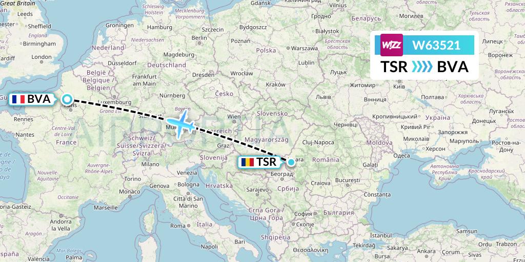 W63521 Wizz Air Flight Map: Timisoara to Paris