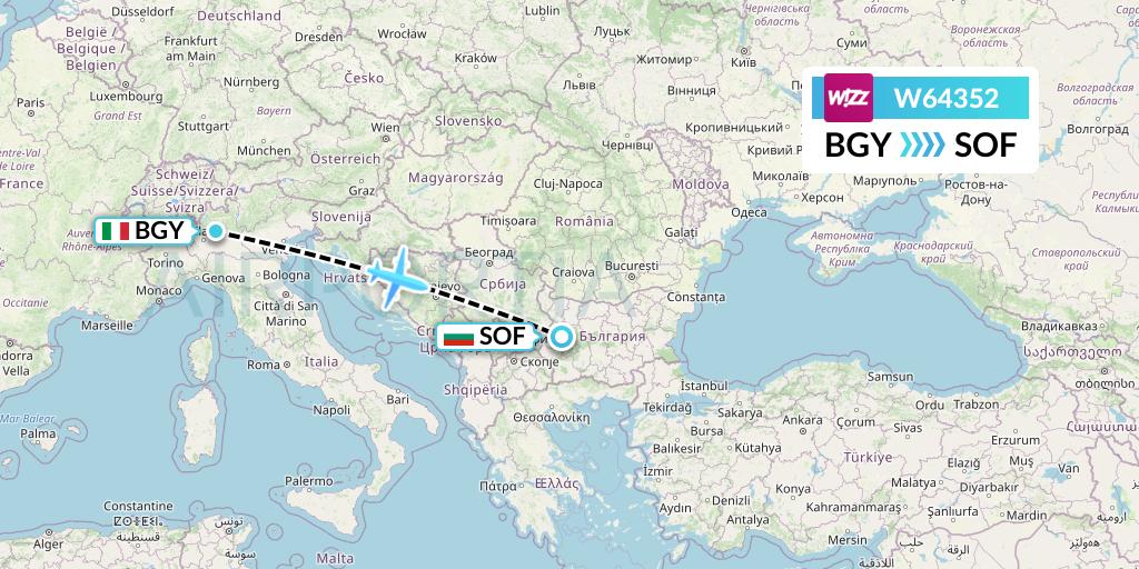 W64352 Wizz Air Flight Map: Milan to Sofia