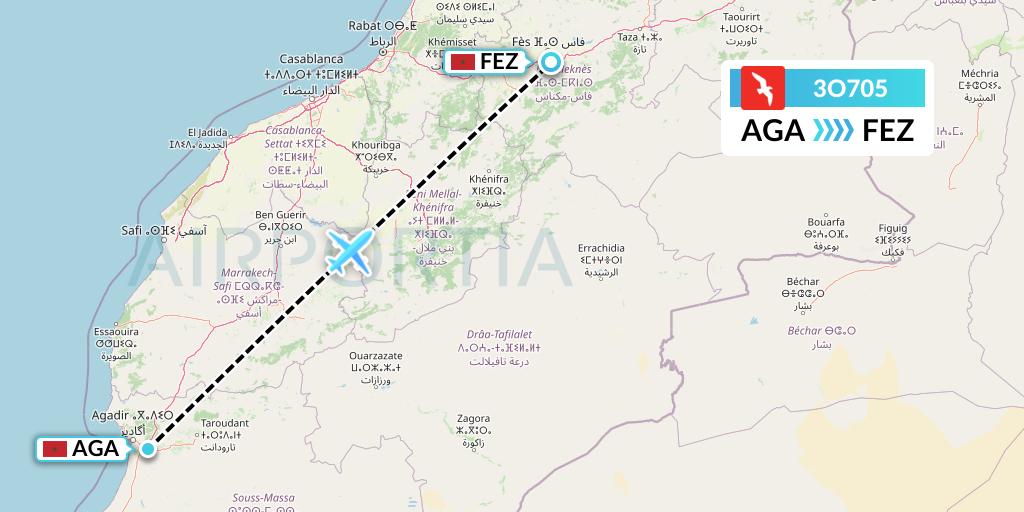 3O705 Air Arabia Maroc Flight Map: Agadir to Fes