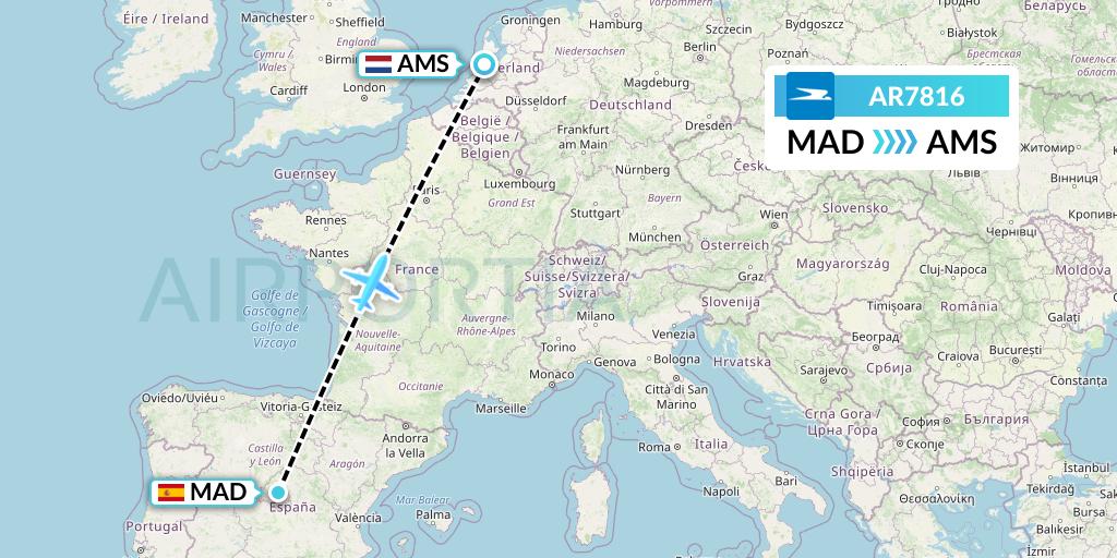 AR7816 Aerolineas Argentinas Flight Map: Madrid to Amsterdam