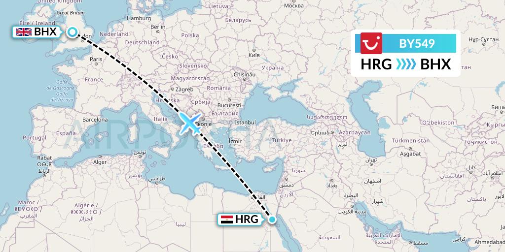 BY549 TUI Airways Flight Map: Hurghada to Birmingham