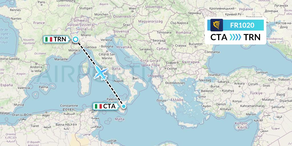 FR1020 Ryanair Flight Map: Catania to Turin