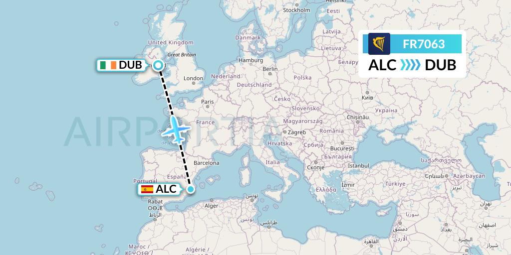 FR7063 Ryanair Flight Map: Alicante to Dublin