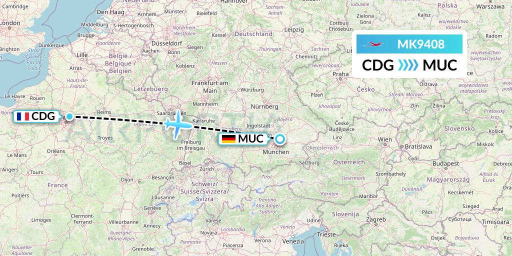 MK9408 Air Mauritius Flight Map: Paris to Munich