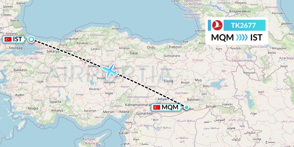 TK2677 Turkish Airlines Flight Map: Mardin to Istanbul
