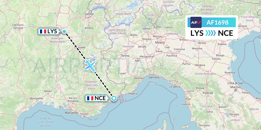 AF1698 Air France Flight Map: Lyon to Nice