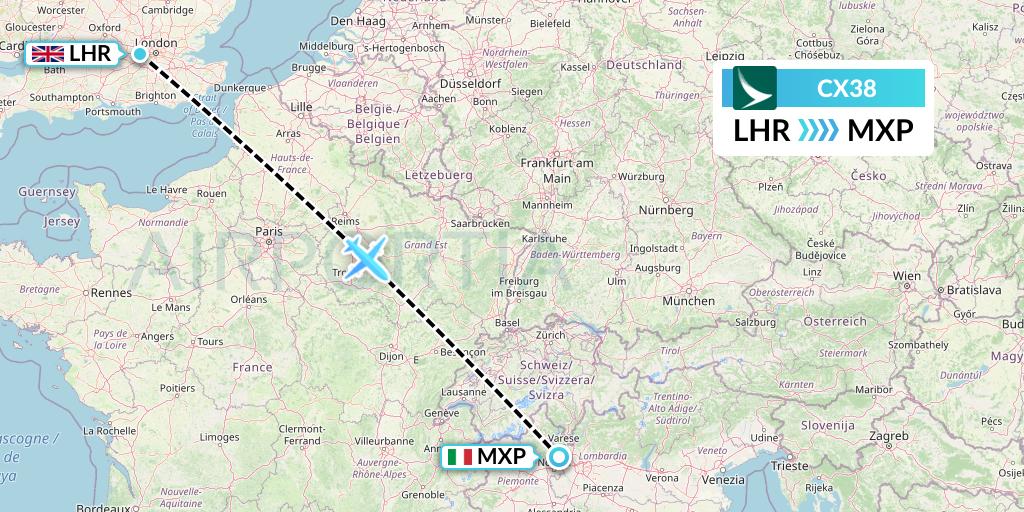 CX38 Cathay Pacific Flight Map: London to Milan