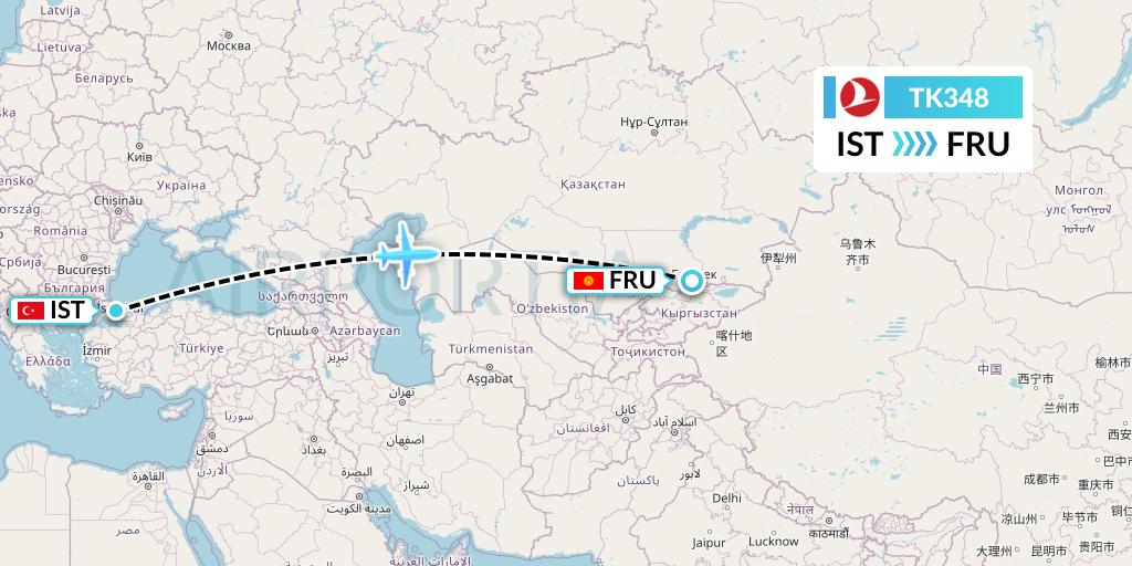 TK348 Turkish Airlines Flight Map: Istanbul to Bishkek