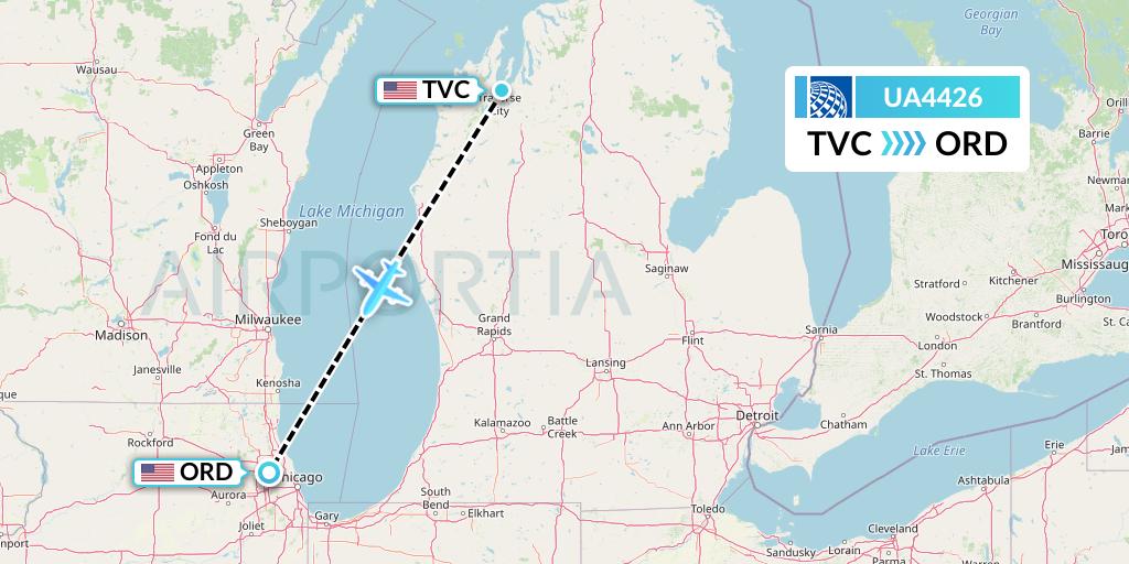 UA4426 United Airlines Flight Map: Traverse City to Chicago