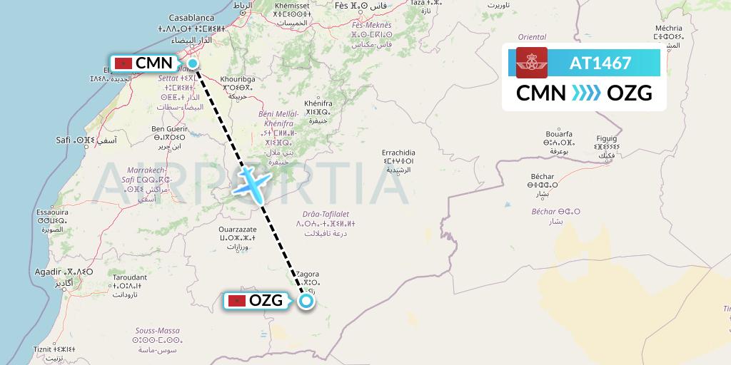 AT1467 Royal Air Maroc Flight Map: Casablanca to Zagora
