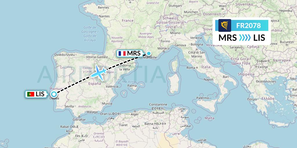 FR2078 Ryanair Flight Map: Marseille to Lisbon