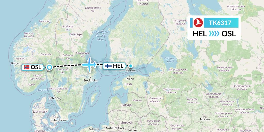 TK6317 Turkish Airlines Flight Map: Helsinki to Oslo