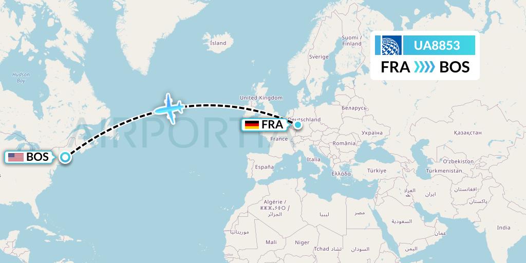UA8853 United Airlines Flight Map: Frankfurt to Boston