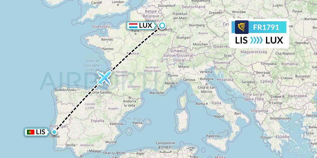 FR1791 Ryanair Flight Map: Lisbon to Luxembourg