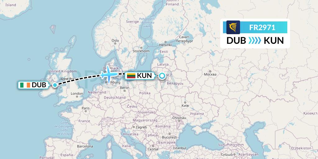 FR2971 Ryanair Flight Map: Dublin to Kaunas