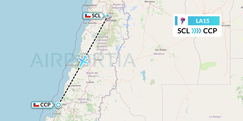 LA15 LAN Airlines Flight Map: Santiago to Concepcion