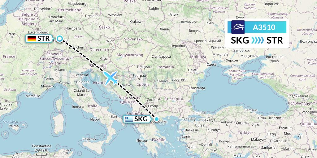 A3510 Aegean Airlines Flight Map: Thessaloniki to Stuttgart