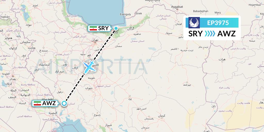 EP3975 Iran Aseman Airlines Flight Map: Sari to Ahvaz