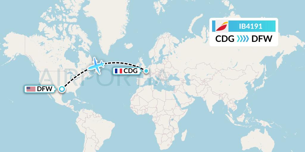 IB4191 Iberia Flight Map: Paris to Dallas
