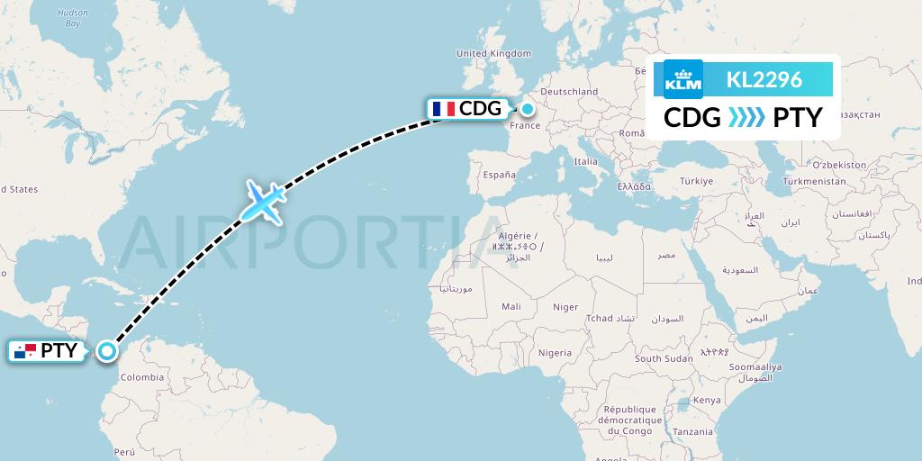 KL2296 KLM Flight Map: Paris to Panama City