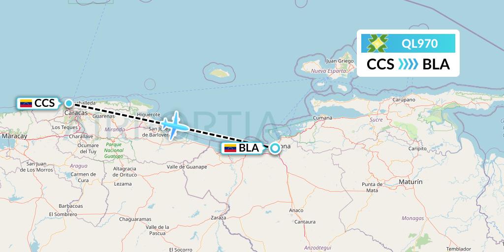 QL970 Laser Airlines Flight Map: Caracas to Barcelona