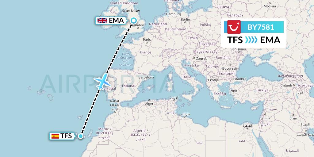 BY7581 TUI Airways Flight Map: Tenerife to East Midlands