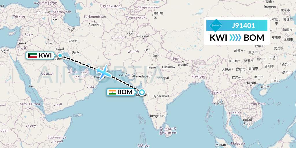 J91401 Jazeera Airways Flight Map: Kuwait City to Mumbai