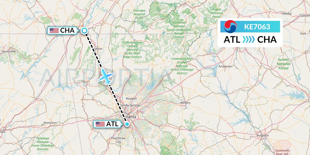 KE7063 Korean Air Flight Map: Atlanta to Chattanooga