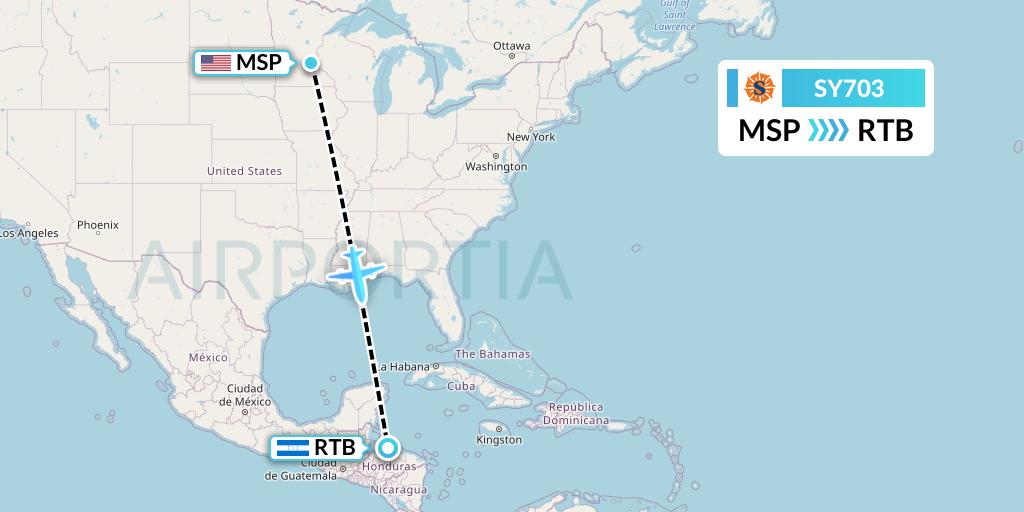 SY703 Sun Country Airlines Flight Map: Minneapolis to Roatan