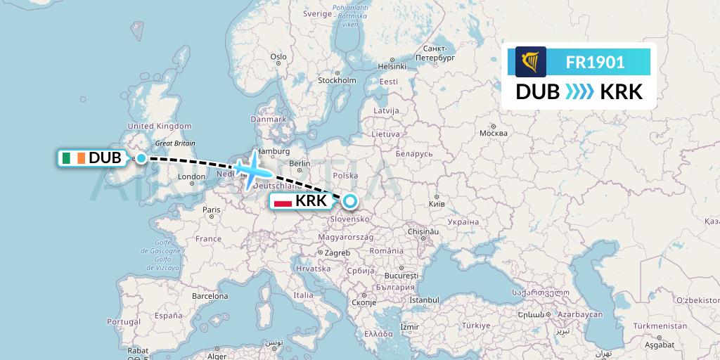 FR1901 Ryanair Flight Map: Dublin to Krakow