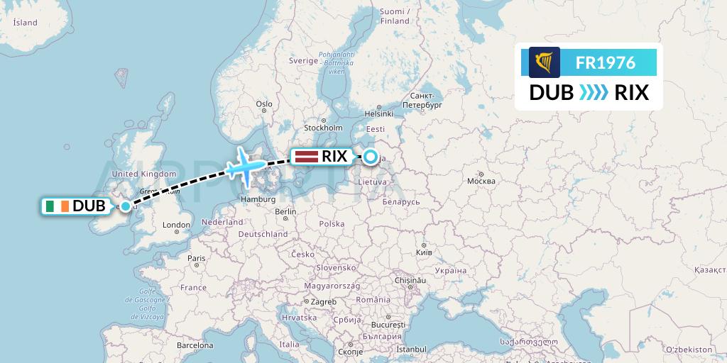 FR1976 Ryanair Flight Map: Dublin to Riga