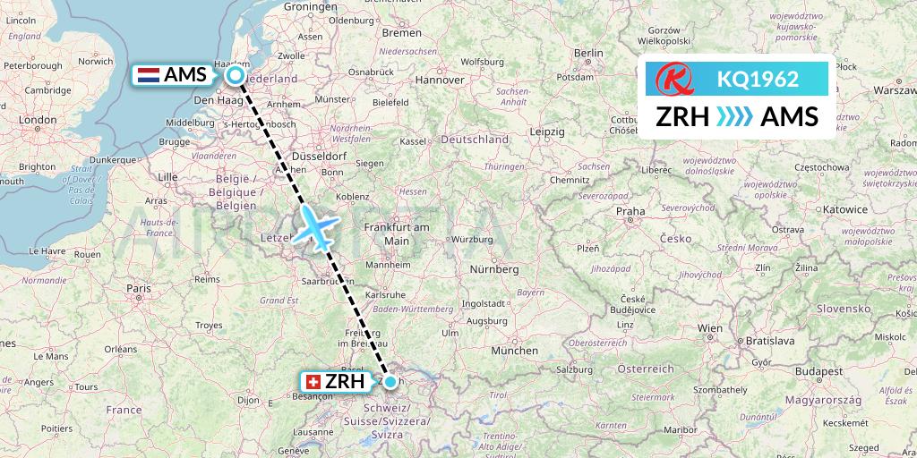 KQ1962 Kenya Airways Flight Map: Zurich to Amsterdam