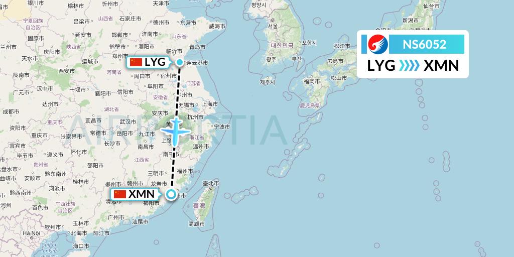 NS6052 Hebei Airlines Flight Map: Lianyungang to Xiamen