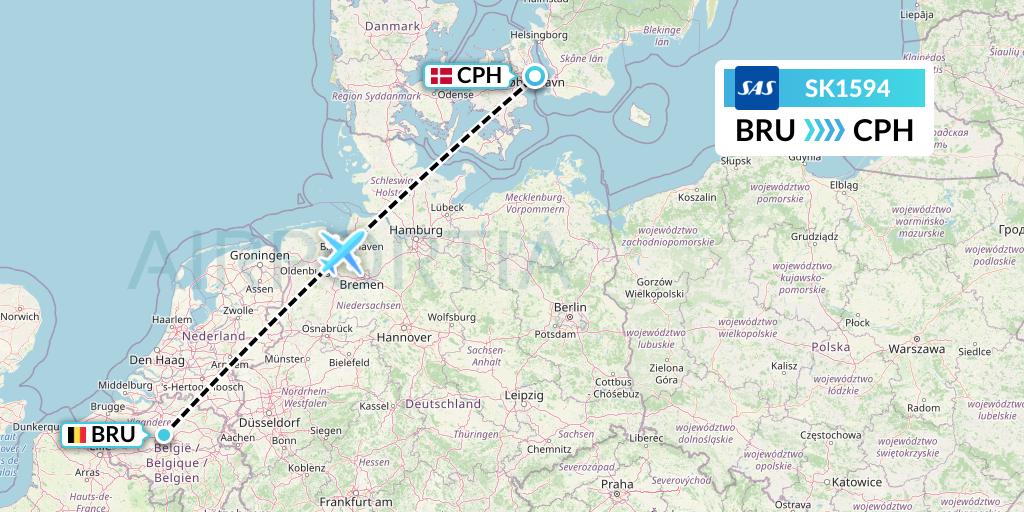 SK1594 SAS Flight Map: Brussels to Copenhagen