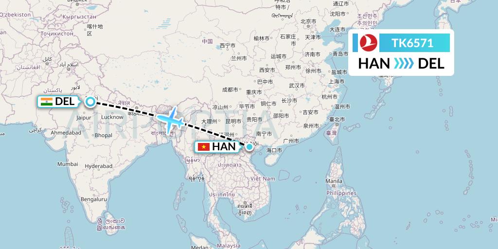 TK6571 Turkish Airlines Flight Map: Hanoi to Delhi