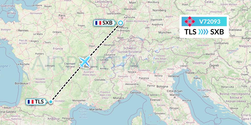 V72093 Volotea Flight Map: Toulouse to Strasbourg