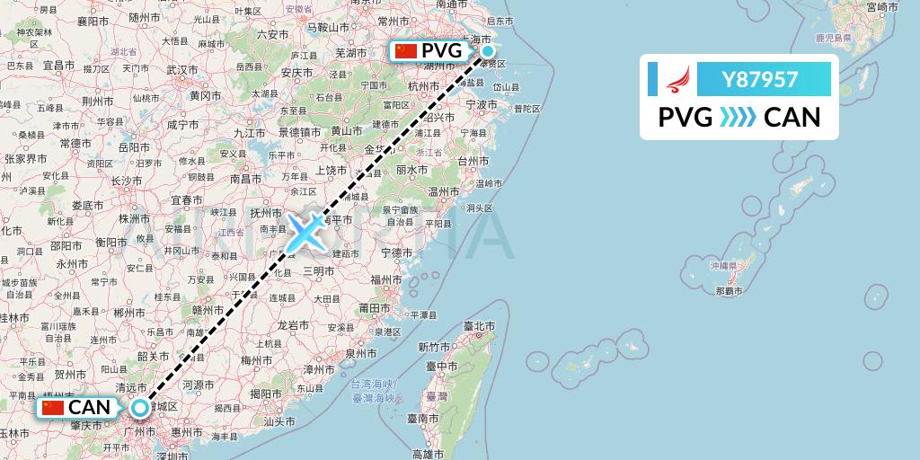Y87957 Yangtze River Express Flight Map: Shanghai to Guangzhou