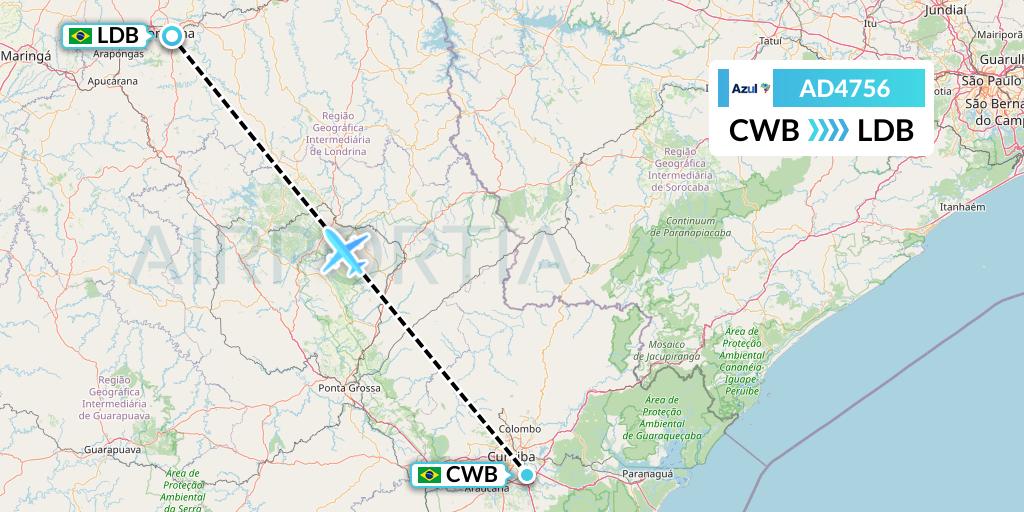 AD4756 Azul Brazilian Airlines Flight Map: Curitiba to Londrina