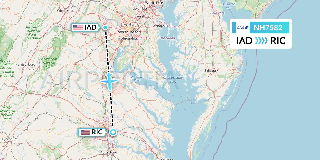 NH7582 All Nippon Airways Flight Map: Washington to Richmond