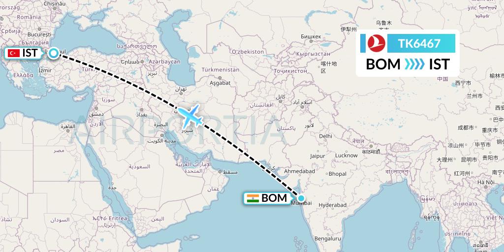 TK6467 Turkish Airlines Flight Map: Mumbai to Istanbul