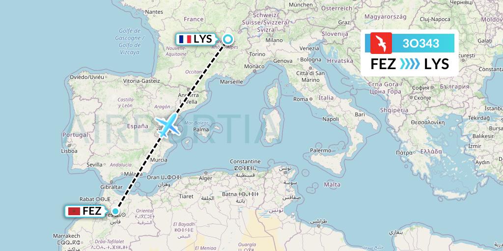 3O343 Air Arabia Maroc Flight Map: Fes to Lyon