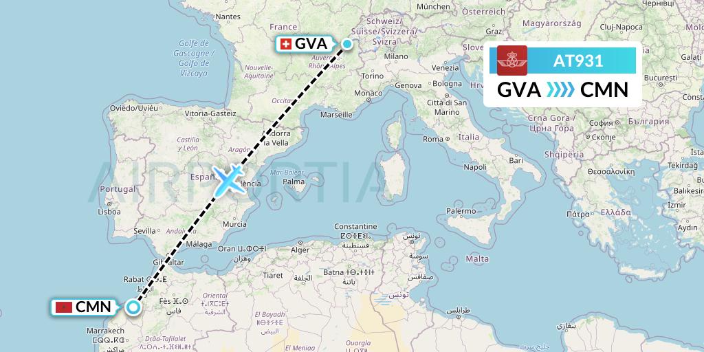 AT931 Royal Air Maroc Flight Map: Geneva to Casablanca