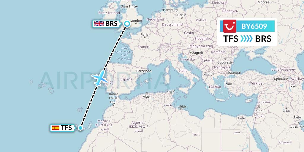 BY6509 TUI Airways Flight Map: Tenerife to Bristol