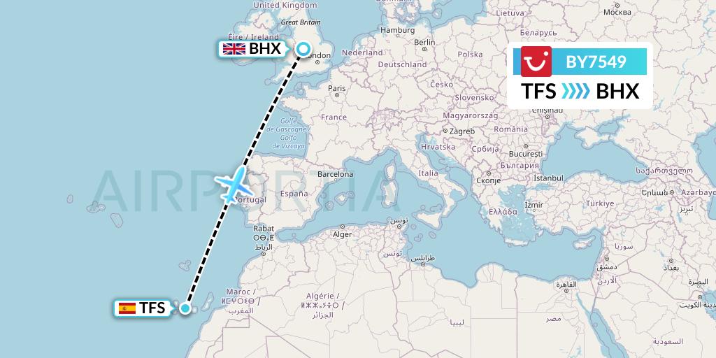 BY7549 TUI Airways Flight Map: Tenerife to Birmingham