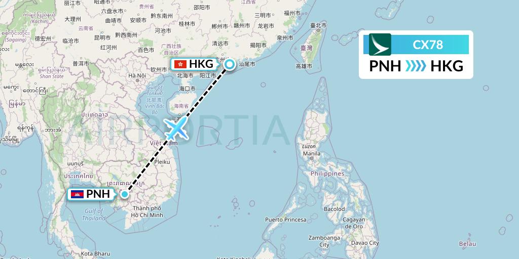 CX78 Cathay Pacific Flight Map: Phnom Penh to Hong Kong