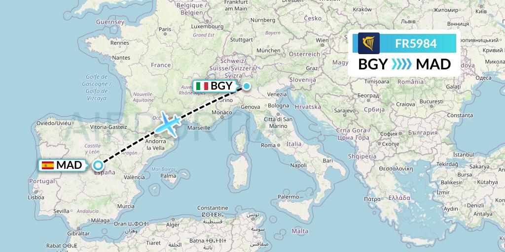FR5984 Ryanair Flight Map: Milan to Madrid