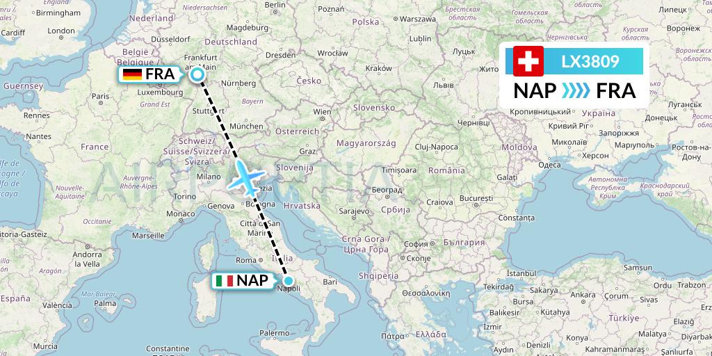 LX3809 Swiss Flight Map: Naples to Frankfurt