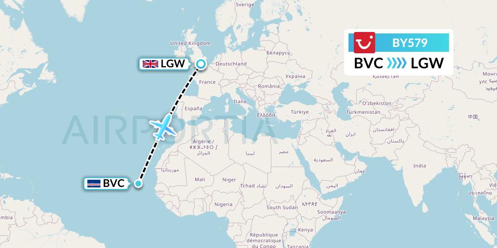 BY579 TUI Airways Flight Map: Boa Vista to London