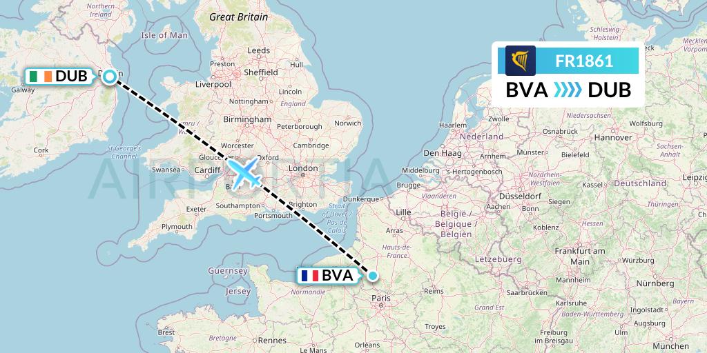 FR1861 Ryanair Flight Map: Paris to Dublin