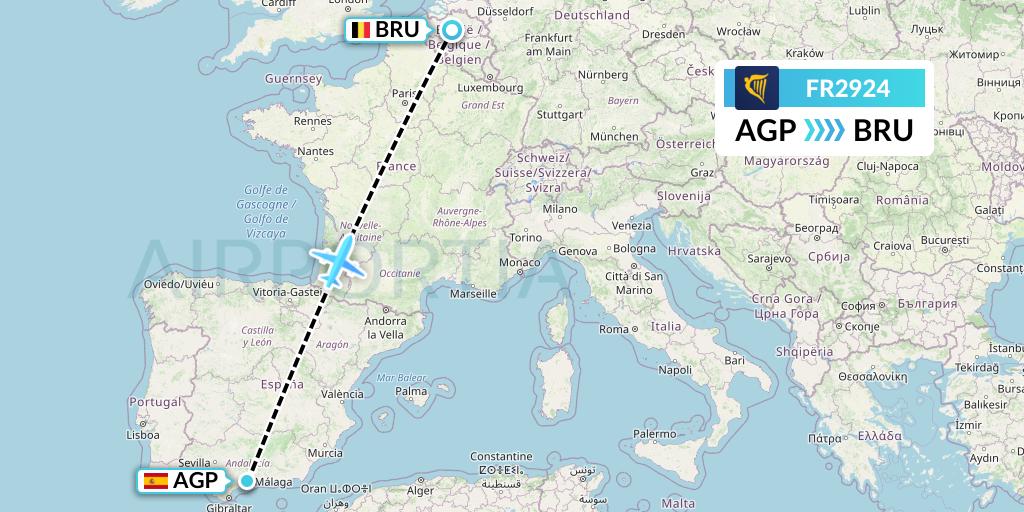 FR2924 Ryanair Flight Map: Malaga to Brussels